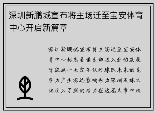 深圳新鹏城宣布将主场迁至宝安体育中心开启新篇章